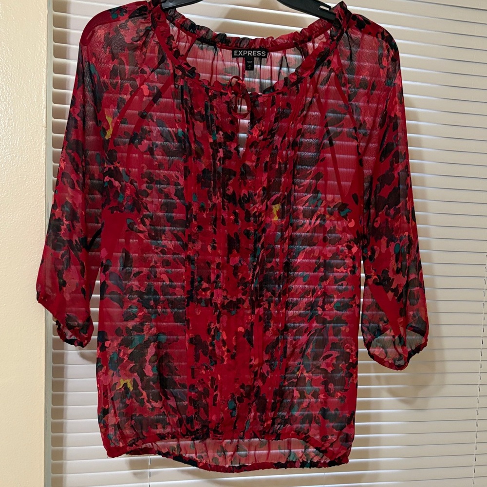 Express Red and Black Sheer Floral Blouse